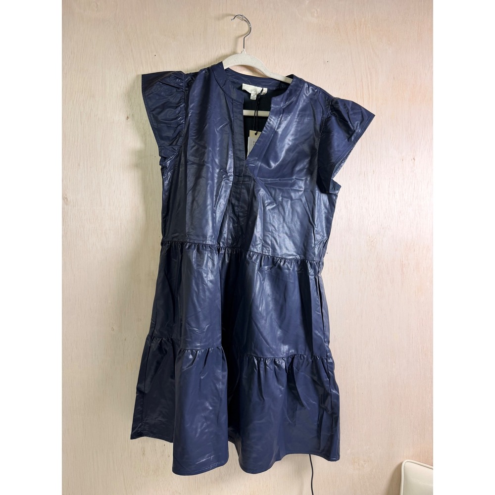 PINCH Faux Leather Tiered Mini Dress Womens Medium Navy Blue Excellent‎ Ruffle